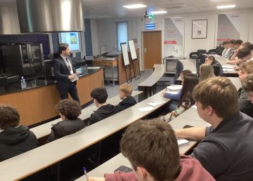 Ryan Barnes talking with T Level students at City College Norwich