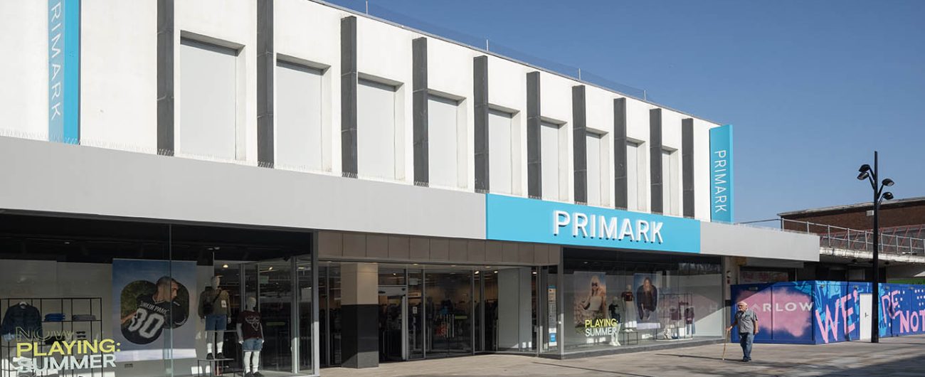 Refurbished Primark Harlow store delivered by R G Carter, showing updated exterior façade, blue Primark signage and modernised window displays.